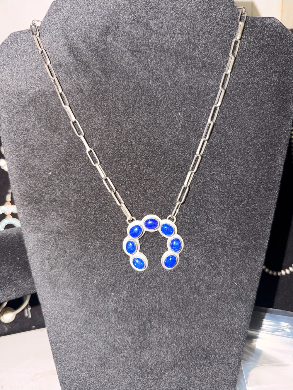 Blue Lapis Horseshoe 925 Sterling Silver Pendant Necklace on a paperclip chain - Picture 3 of 3